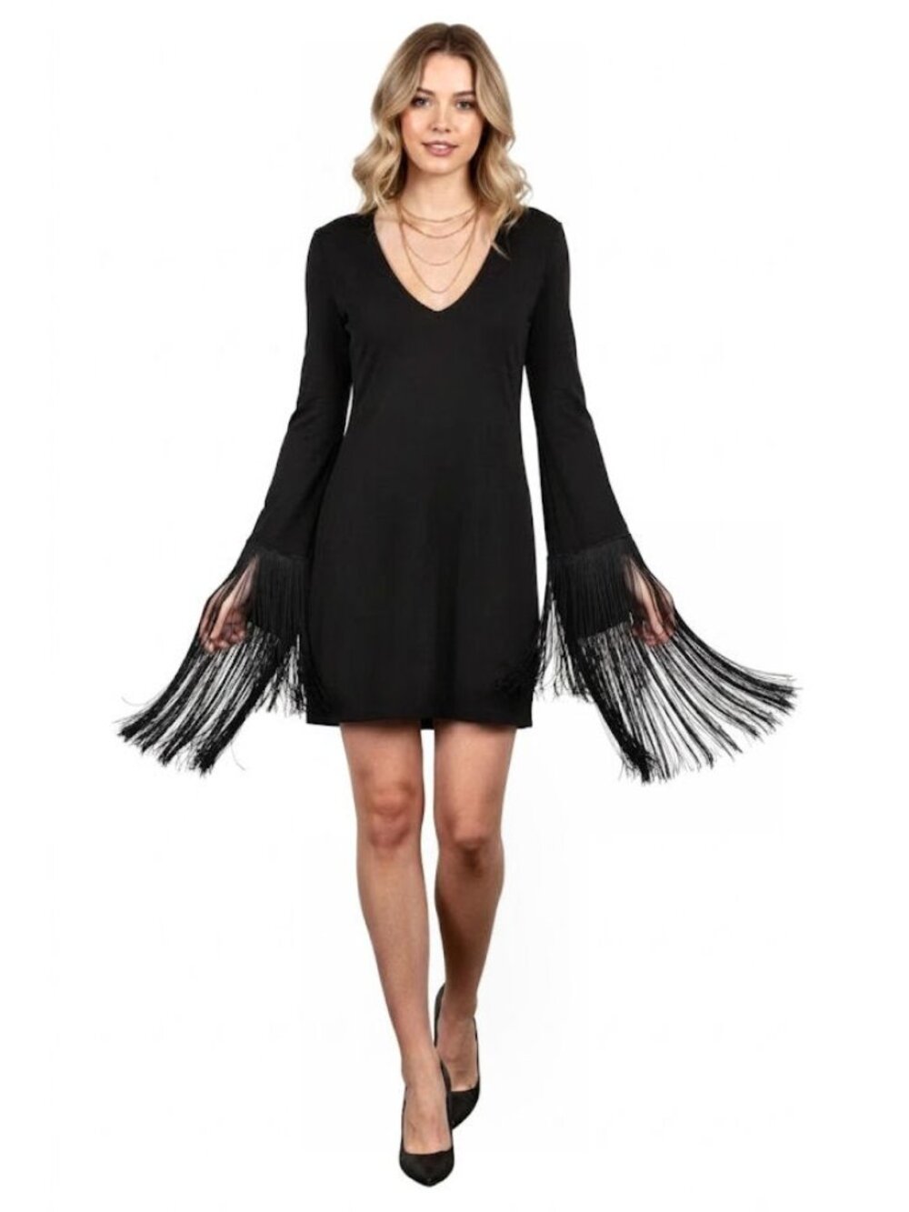 Stella McCartney Black Mini Dress with Fringe Sleeves, Womens Size 42 EU / US 10